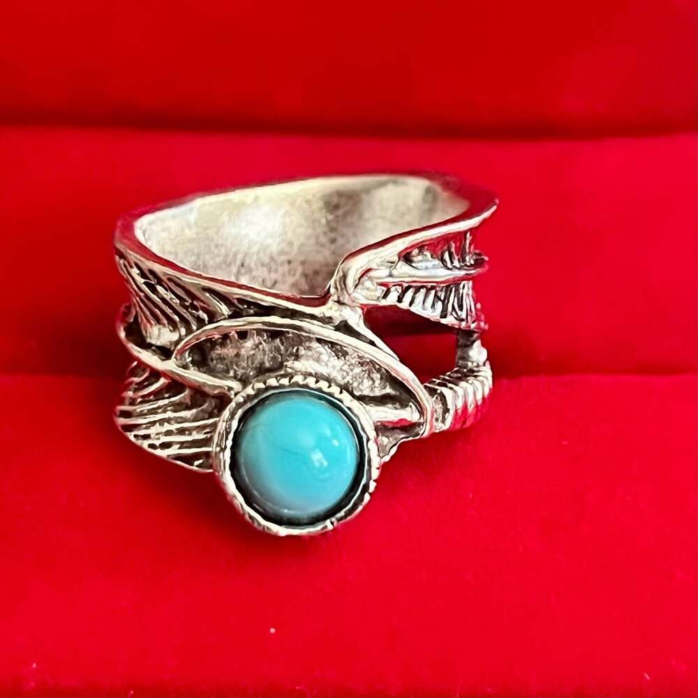 Vintage Turquoise Feather Wrap Titanium Steel Silver Wide Band Size 6